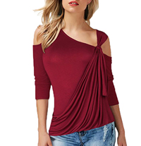 Tobrief Women's Cold Shoulder 3/4 Sleeve Asymmetrical Hem Ruched T-Shirt Blouse Tops