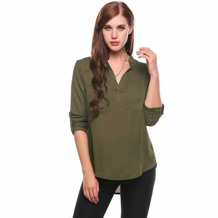 Tobrief Women's Casual Chiffon V Neck Front Pocket Cuffed Sleeve Blouse Shirt Tops
