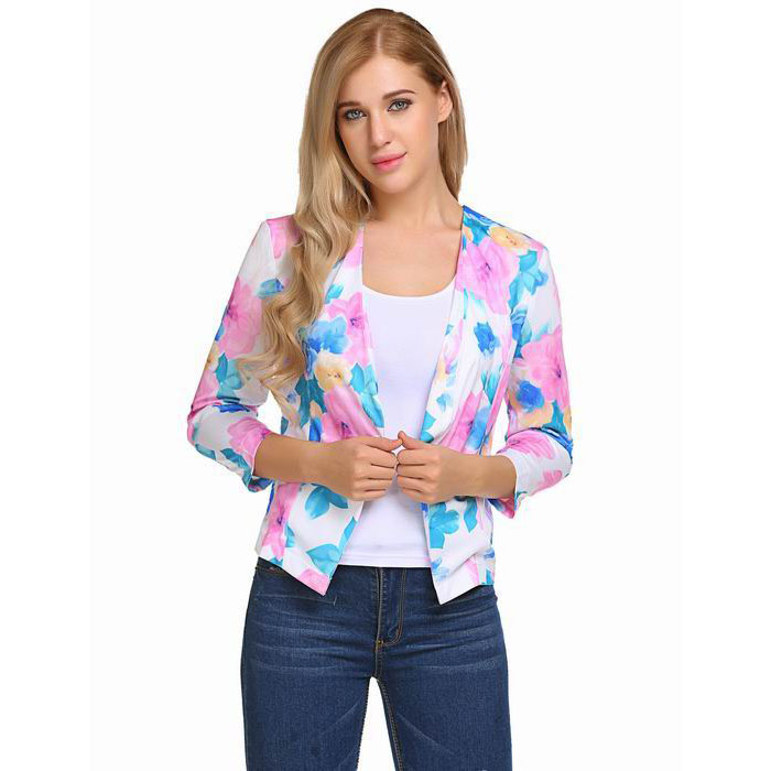 Tobrief Women's Casual 3/4 Sleeve Floral Print Open Front Blazer Jacket