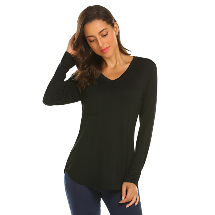 Tobrief Women's Long Sleeve V-Neck Shirts Loose Casual Tee T-Shirt with Pocket 